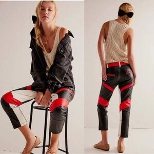 Free People We The Free Color Block Rebel Vegan Leather Pants - Red Black 2 NWT
